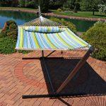 Sunnydaze 2 Person Freestanding Quilted Fabric Spreader Bar Hammock, Choose 12 or 15 Foot Stand, Blue and Green, 15-Foot Stand