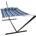 Sunnydaze 2 Person Freestanding Quilted Fabric Spreader Bar Hammock, Choose 12 or 15 Foot Stand, Catalina Beach, 15-Foot Stand