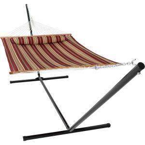 Sunnydaze 2 Person Freestanding Quilted Fabric Spreader Bar Hammock, Choose from 12 or 15 Foot Stand, Red Stripe, 15-Foot Stand