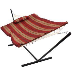 Sunnydaze Cotton Rope Hammock with 12 Foot Steel Stand, Pad and Pillow, 275 Pound Capacity, Awning Stripe