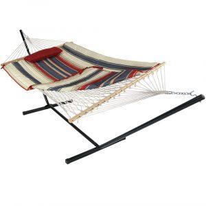 Sunnydaze Cotton Rope Hammock with 12 Foot Steel Stand, Pad and Pillow, 275 Pound Capacity, Modern Lines