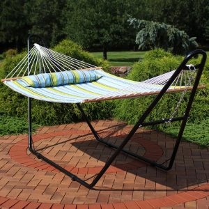 Sunnydaze Quilted 2 Person Hammock with Universal Stand - Blue & Green