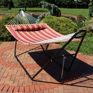 Sunnydaze Quilted 2 Person Hammock with Universal Stand - Red Stripe