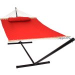 Sunnydaze Quilted Designs Double Fabric 2 Person Hammock with Spreader Bars and Pillow, Red, Hammock With Stand