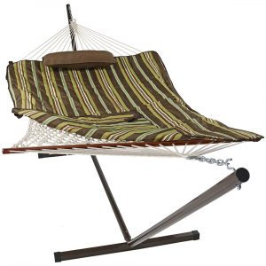 Sunnydaze Rope Hammock with 12-Foot Stand - Pad & Pillow - Desert Stripe