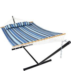 Sunnydaze Quilted Fabric Hammock Bed with 12-Foot Stand - Misty Beach