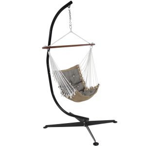 Sunnydaze Tufted Victorian Hammock Swing and C-Stand Combo for Outdoor Use, 300-Pound Weight Capacity, Gray