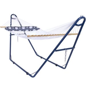 Sunnydaze 2-Person Spreader Bar Rope Hammock with Pillow with Blue Stand