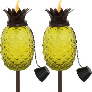 Sunnydaze Tropical Pineapple 3-in-1 Yellow Glass Outdoor Torches - Set of 2