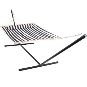 Sunnydaze 2 Person Freestanding Quilted Fabric Spreader Bar Hammock, Choose 12 or 15 Foot Stand, Black and White, 15-Foot Stand