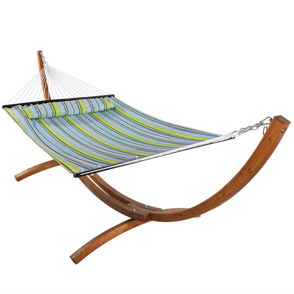 Sunnydaze Quilted Double Fabric 2-Person Hammock with Curved Arc Wood Stand, 400 Pound Capacity, Blue & Yellow, 12-foot