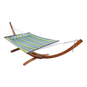 Sunnydaze Quilted Double Fabric 2-Person Hammock with Curved Arc Wood Stand, 400 Pound Capacity, Blue & Yellow, 13-foot