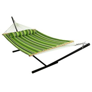 Sunnydaze 2 Person Freestanding Quilted Fabric Spreader Bar Hammock, Choose From 12 or 15 Foot Stand, Melon Stripe, 12-Foot Stand