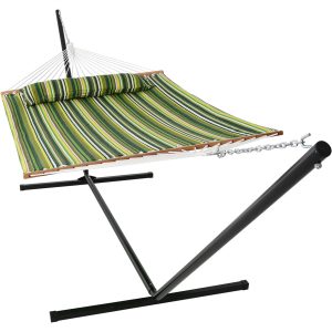 Sunnydaze 2 Person Freestanding Quilted Fabric Spreader Bar Hammock, Choose From 12 or 15 Foot Stand, Melon Stripe, 15-Foot Stand