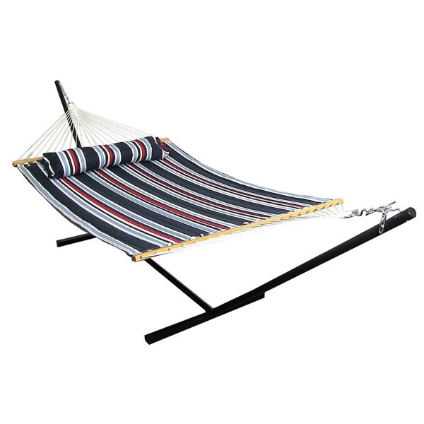 Sunnydaze 2 Person Freestanding Quilted Fabric Spreader Bar Hammock, Choose from 12 or 15 Foot Stand, Nautical Stripe, 12-Foot Stand