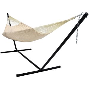 Sunnydaze Hand-Woven XXL Thick Cord Mayan Family Hammock with 15 Foot Stand, 400 Pound Capacity, Natural