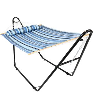 Sunnydaze Quilted 2-Person Hammock with Universal Stand - Misty Beach