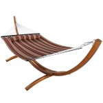 Sunnydaze Quilted Double Fabric 2-Person Hammock with Curved Arc Wood Stand, 400 Pound Capacity, Awning Stripe, 12-foot