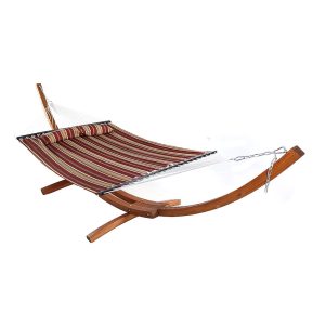 Sunnydaze Quilted Double Fabric 2-Person Hammock with Curved Arc Wood Stand, 400 Pound Capacity, Awning Stripe, 13-foot