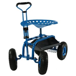 Sunnydaze Rolling Garden Cart with Extendable Steering Handle Swivel Seat & Basket - Blue