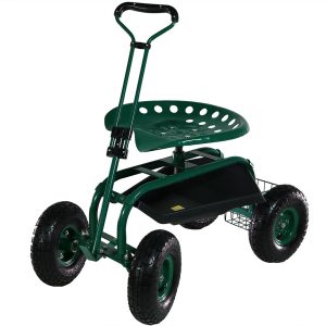 Sunnydaze Rolling Garden Cart with Extendable Steering Handle, Swivel Seat & Basket, Green