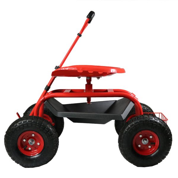 Sunnydaze Rolling Garden Cart with Extendable Steering Handle, Swivel Seat & Basket, Red