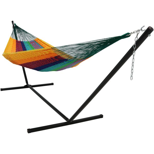 Sunnydaze Hand-Woven XXL Thick Cord Mayan Family Hammock with 15 Foot Stand, 400 Pound Capacity, Multi-Color