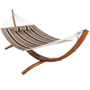 Sunnydaze Quilted Double Fabric 2-Person Hammock with Curved Arc Wood Stand, 400 Pound Capacity, Sandy Beach, 12-foot