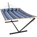 Sunnydaze 2 Person Freestanding Quilted Fabric Spreader Bar Hammock, Choose 12 or 15 Foot Stand, Catalina Beach, 12-Foot Stand