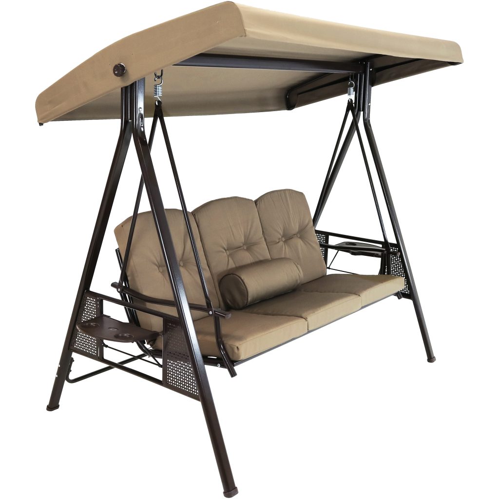 Sunnydaze 3-Person Steel Frame Outdoor Adjustable Tilt Canopy Patio Swing with Side Tables, Cushions and Pillow, Beige
