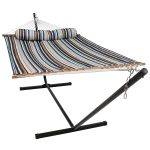 Sunnydaze 2 Person Freestanding Quilted Fabric Spreader Bar Hammock, Choose from 12 or 15 Foot Stand, Ocean Isle, 12-Foot Stand