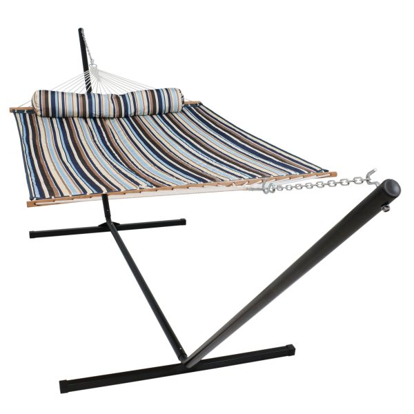 Sunnydaze 2 Person Freestanding Quilted Fabric Spreader Bar Hammock, Choose from 12 or 15 Foot Stand, Ocean Isle, 15-Foot Stand