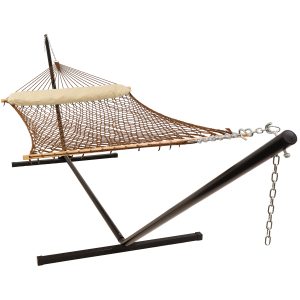Sunnydaze 2-Person Polyester Spreader Bar Rope Hammock with 15-Foot Stand - Brown